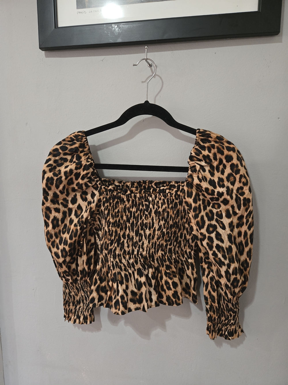 Zara Leopard Smocked Puff Sleeve Top - Black & Brown